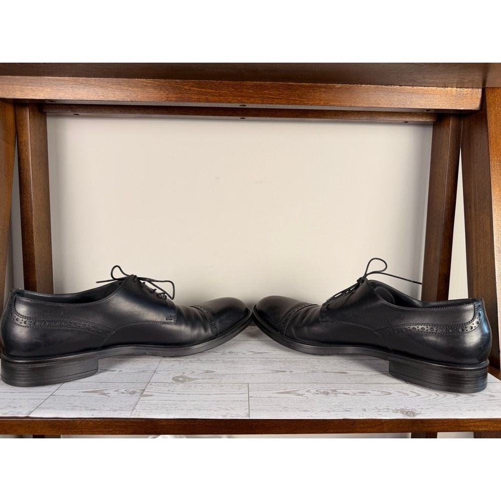 HUGO BOSS Mens Black Leather Cap Toe Oxford 10 Dress Shoes Made in Italy - Picture 4 of 12